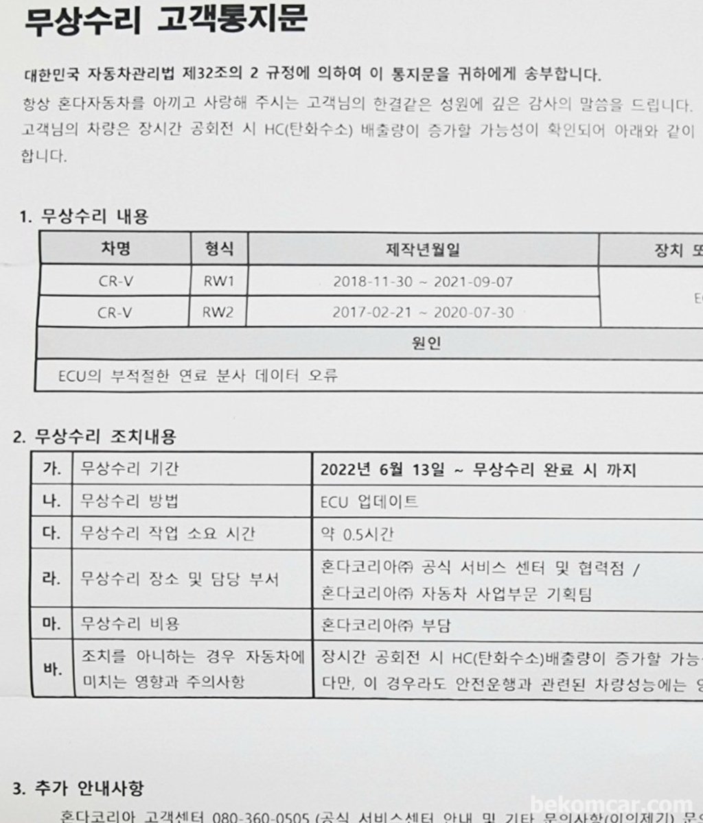 혼다 5세대 일부 CR-V, 탄화수소 증가로인한 ECU 업데이트 리콜 해야하나|بيكومكار  (bekomcar)