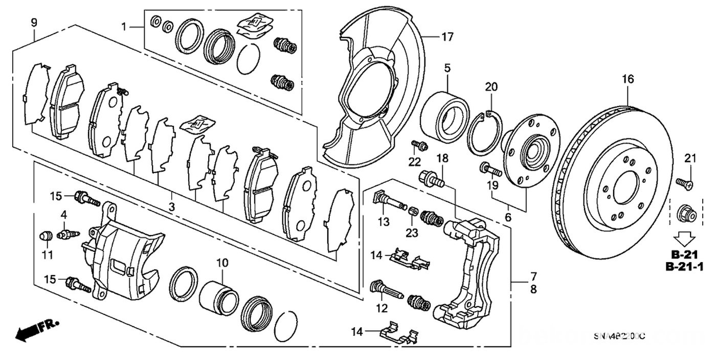 #1. 01463-S5D-A00. Caliper Set, FR.
#9. 45022-SNE-A00. Pad Set, Front|베콤카 (bekomcar.com)