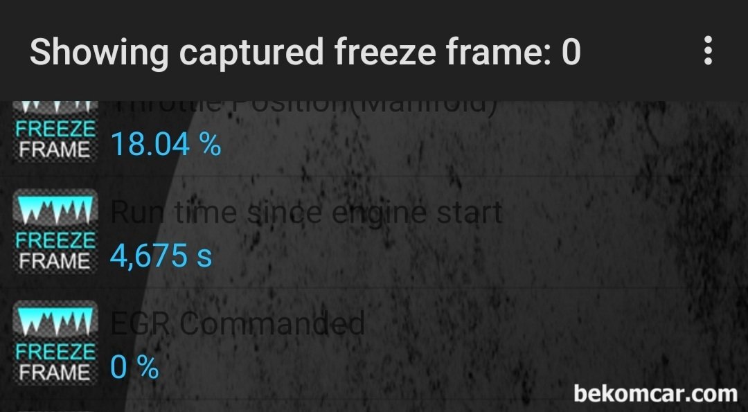 OBD2에서 Freeze frame 데이터가 무엇이고, 왜 중요한가요?, Torque pro의 실제 Freeze frame 데이터 화면이다. 이 화면처럼 각 차량별 지원되는 센서등의 값들이 구체적으로 기록이 되어 있다. 고장코드 발생당시의 차량내 상황을 구체적으로 파악이 가능하여, 정비 방향을 설정하는데 결정적 증거 역할을 한다. 위 사진은 사용하는 테마를 이상하것 사용하여 설명글이 잘 보이지 않지만 각 값들에 대한 설명도 함께 제공된다.|ベコムカー (bekomcar)