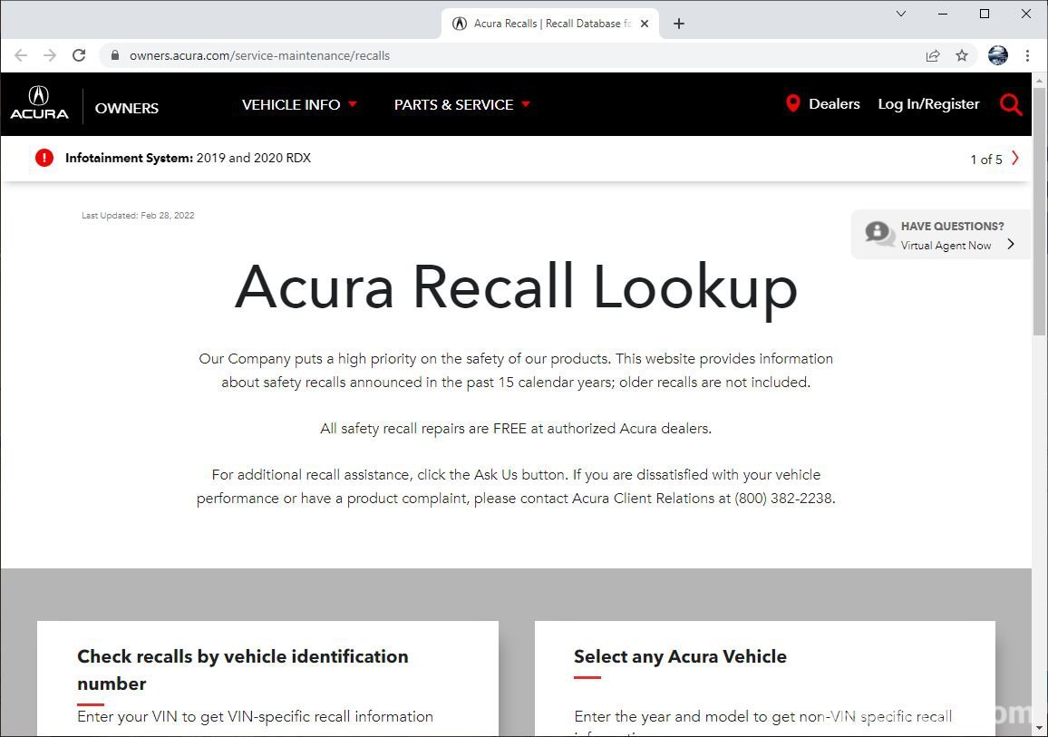 Acura 리콜데이터베이스 조회사이트, |bekomcar.com