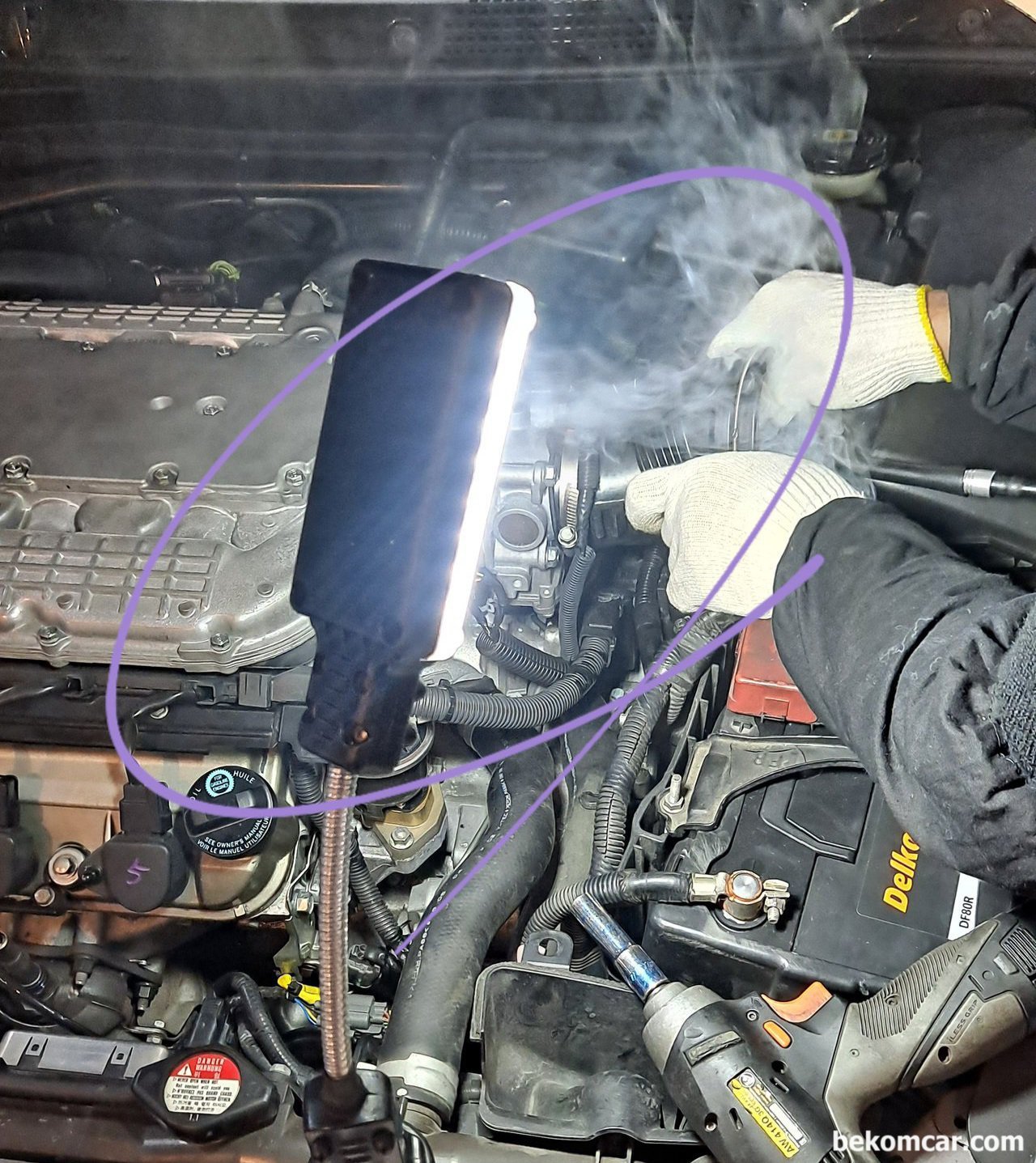 AUTOOL SDT 106, 도둑공기 누설테스터기, 어코드 레전드 오딧세이 나 파일럿 V6 J시리즈 엔진의 P0171 (희박) P0172(농후), 스모크 테스트 도둑공기 찾아내기. 작업장: 사자카|베콤카 (bekomcar.com)