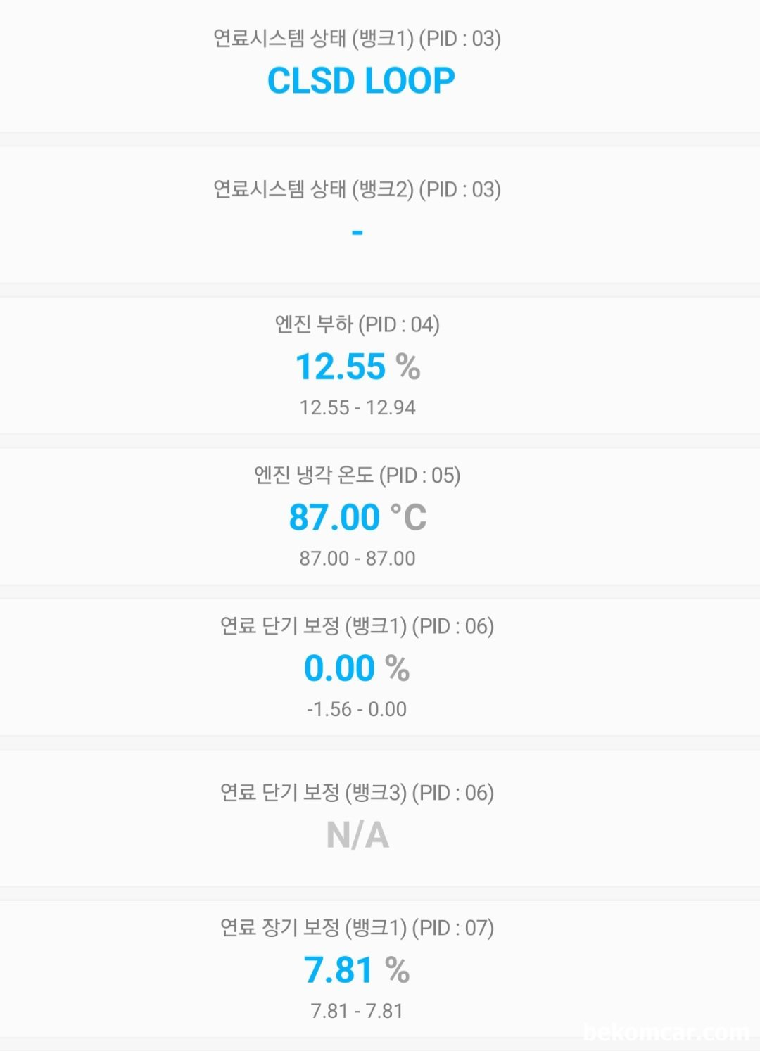 벤츠 W211 E200K 왕눈이 람다값 측정값, 벤츠 W211 E200K 왕눈이 아이들시 단기 및 장기연보정값 등 측정값이다. 장기연료보정값 (LTFT)이 좀 더 개선되면 더 좋겄지만 일단 잘 해결이 된것 같다. 단기연료보정값 (STFT)는 0.0%정도인데 이건 좀더 다양한 환경에서 측정해야지만 일간 만족스럽다. LTFT는 +-10%이내 STFT는 +-5%이내 이면 정상범위이다. 하지만 LTFT이 +-5.00%정도이내이면 더 좋겠다.|베콤카 (bekomcar.com)