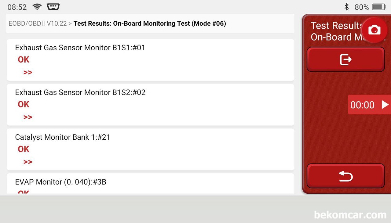 OBD2 Mode6, 촉매 및 EVAP 상태파악하기, OBD2 Mode6 자가점검 결과, 진단기 실시간 실화진단 등으로 촉매상태와 EVAP 상태를 파악할 수 있다.|ベコムカー (bekomcar)