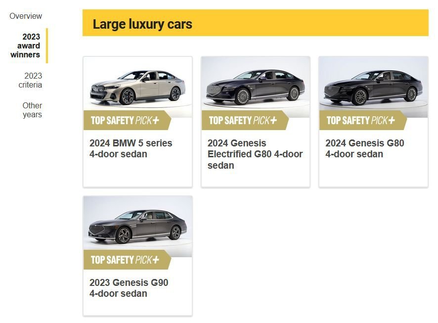 미국 IIHS 발표, 승용차 안전등급표, 2023 Top Safety Picks, IIHS의 2023년 대형 고급승용차 안전등급이다. Source: https://www.iihs.org/ratings/top-safety-picks|베콤카 (bekomcar.com)