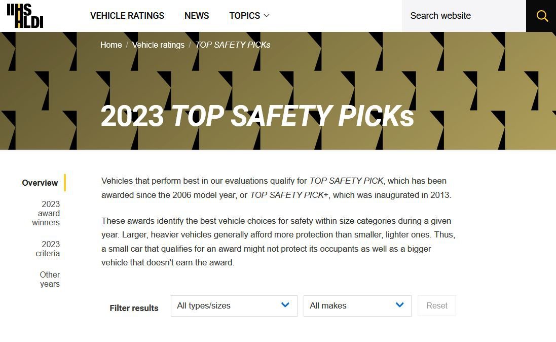 미국 IIHS 발표, 승용차 안전등급표, 2023 Top Safety Picks, iihs.org, 2023 Top Safety Picks, Source: https://www.iihs.org/ratings/top-safety-picks|베콤카 (bekomcar.com)