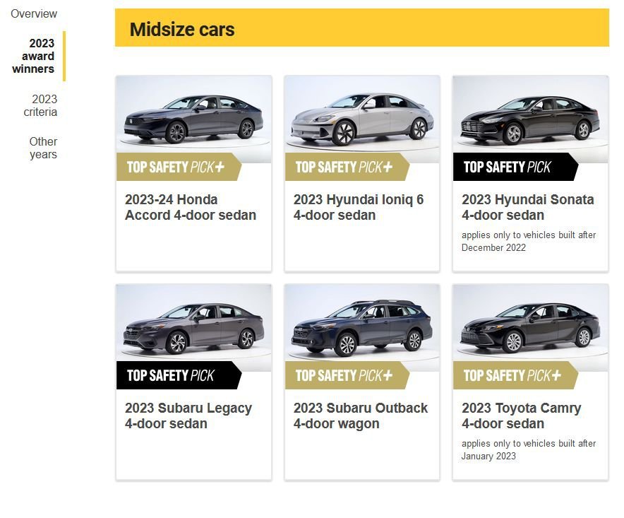 미국 IIHS 발표, 승용차 안전등급표, 2023 Top Safety Picks, IIHS의 2023년 중형차 안전등급이다. Source: https://www.iihs.org/ratings/top-safety-picks|베콤카 (bekomcar.com)