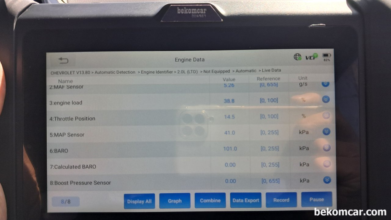 쉐보레 말리부 8세대 2.0 운행성 데이터분석 특이사항, Calculated BARO 와 Boost Pressure Sensor가 0.00kPa로 측정된다. 쉐보레 말리부 8세대 2.0 LTD 운행성 데이터분석 특이사항 이다.|베콤카 (bekomcar.com)